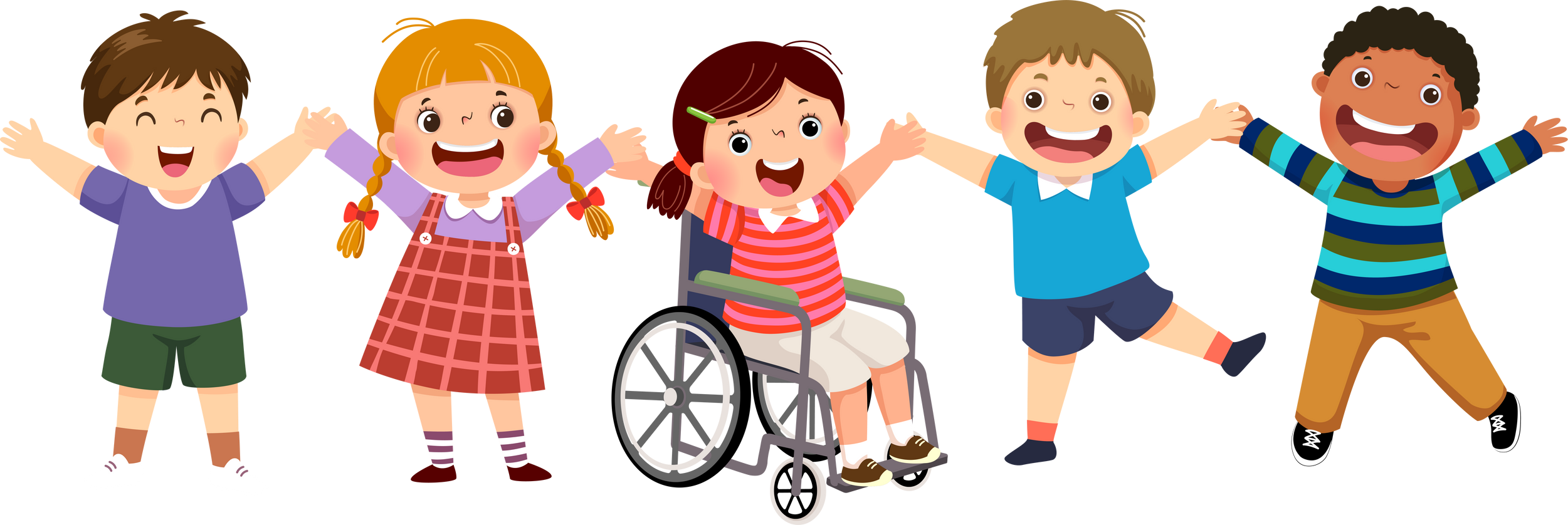 Happy disabled girl in a wheelchair and her friends jumping together