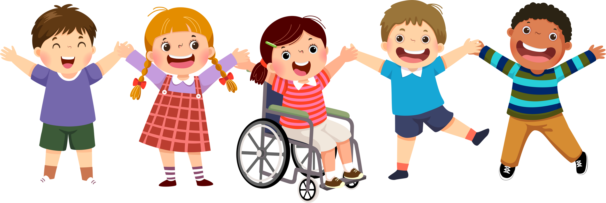 Happy disabled girl in a wheelchair and her friends jumping together
